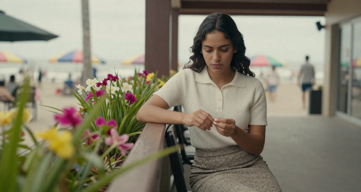 A stoic Female From Costa Rica, studied environmental engineering in their 20, looking for their tribe in a new city, wearing a knitted polo shirt tucked into a midi skirt, inspecting fingernails in a cinema entrance.