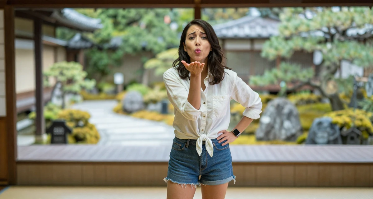 A worried Female Once a freelance translator, now exploring multilingual creator content in their 23, refining seductive expression through skilled camera work, wearing a button-down shirt tied at the waist and denim cutoffs, blowing a kiss in a lecture hall.