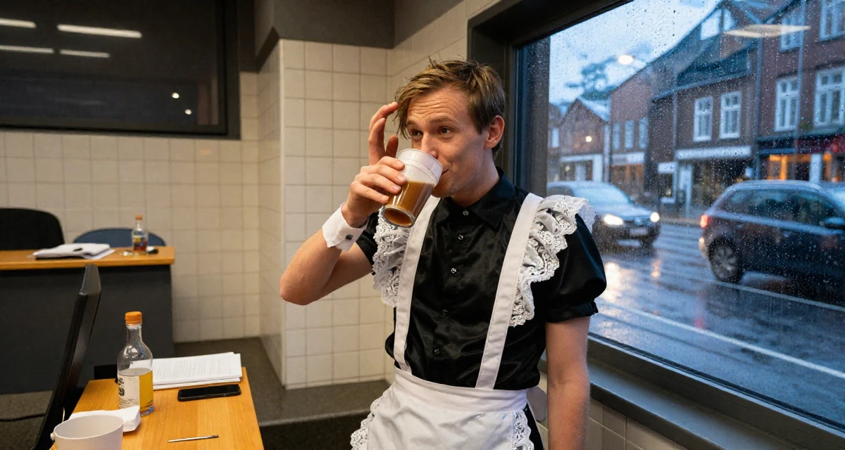 A grateful male From Norway, based in Bergen, graduated from a regional college majoring in creative communication in their 28, feeling a renewed sense of ambition, wearing a french maid costume with black silk and white lace, sipping a warm drink in a lecture hall.