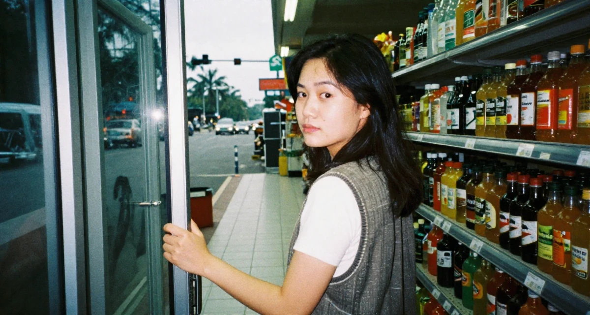 A pensive Female From Vietnam, majored in international business in their 24, planning seasonal or holiday-themed drops, wearing a casual vest and t-shirt layer, pushing a door open in a supermarket aisle.