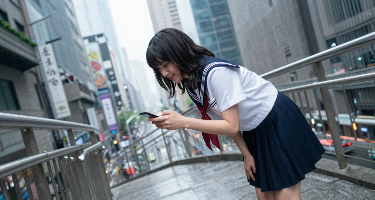 A sympathetic Female From United States, majored in hospitality design in their 25, testing personal boundaries through new experiences, wearing a Japanese school sailor uniform (seifuku) with a pleated skirt, scrolling casually in a winding staircase.