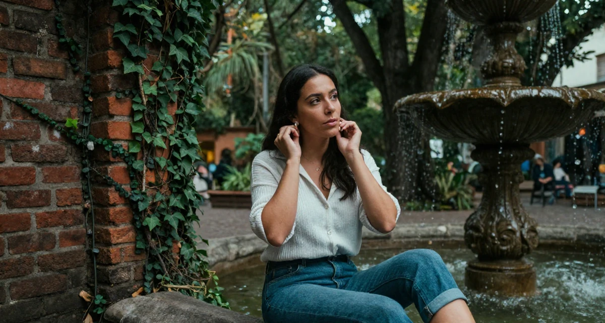 A pensive Female From Guatemala, studied computer networks in their 43, passionate about organic gardening and cooking, wearing a modern casual lifestyle wear, putting on earrings in a magical forest clearing.