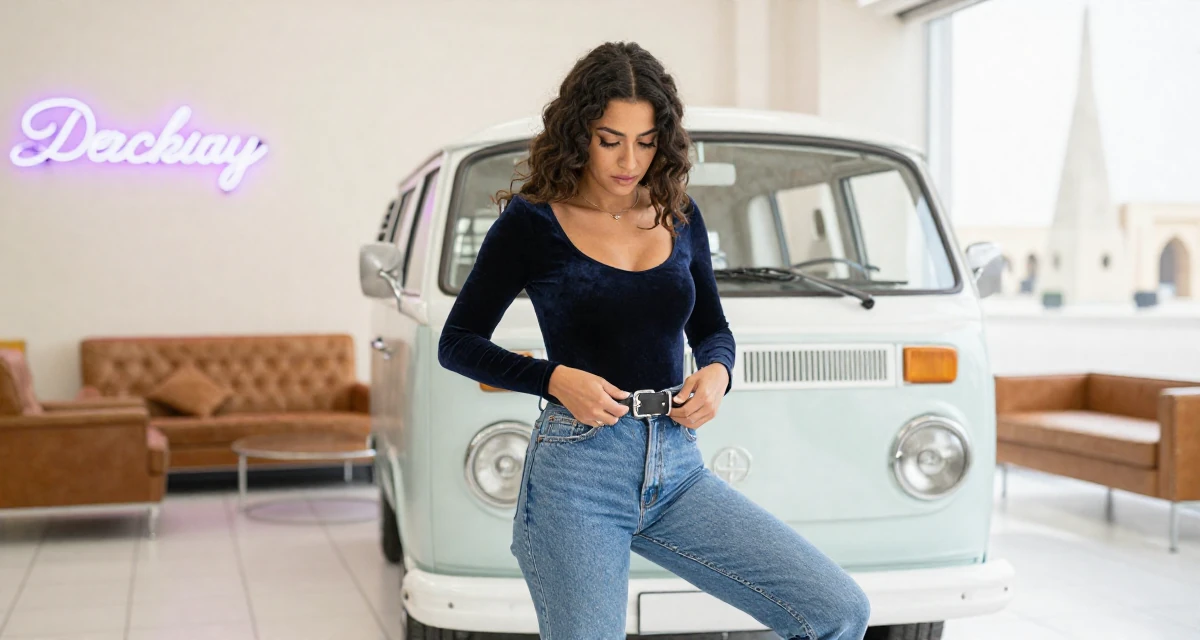 A seriously concentrated Female From Qatar, majored in media production and editing in their 35, renovating a vintage van for travel, wearing a velvet bodysuit and high-waisted mom jeans, fixing a belt buckle in a laundromat with neon signs.