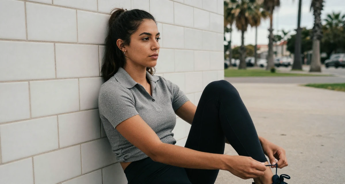 A fearless Female Previously a paramedic trainee, now focusing on fitness and resilience content in their 21, seeking deeper connections beyond small talk, wearing a smart knit polo, tying a shoelace in a quiet park.