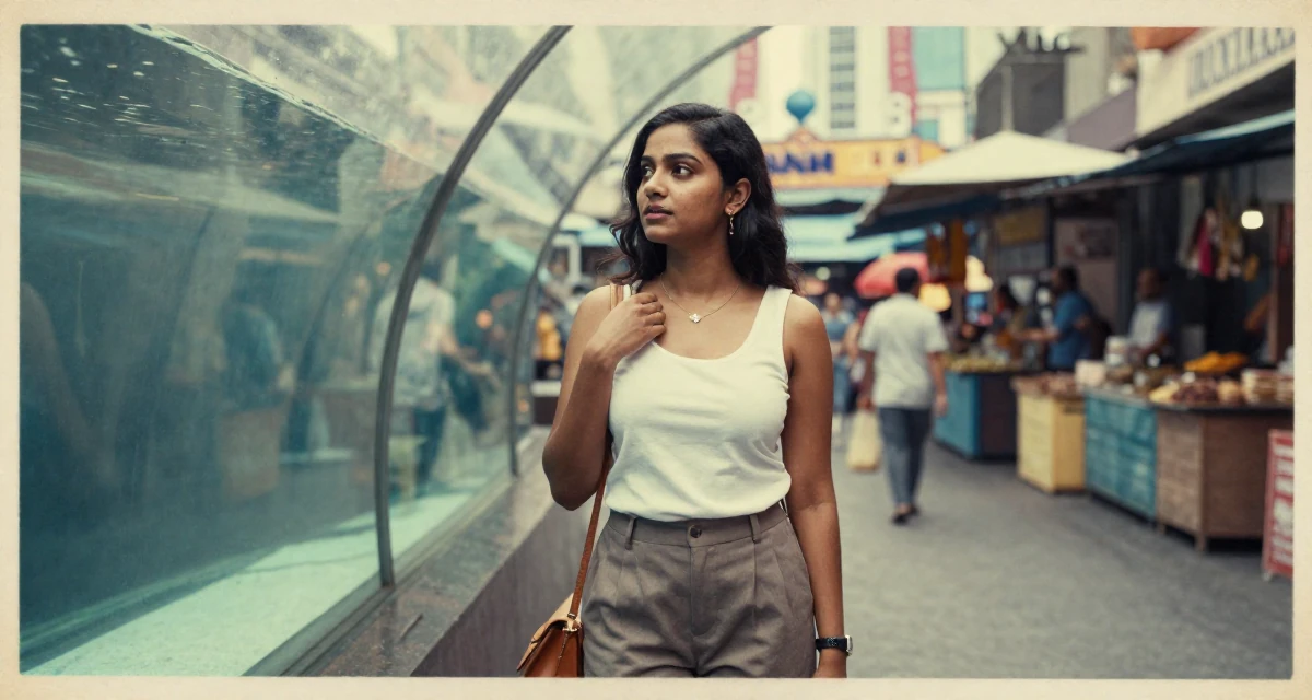 A content Female From Sri Lanka, studied supply chain management in their 23, elevating content toward more polished sensual visuals, wearing a polished loafer and trousers look, touching a necklace in a aquarium tunnel.