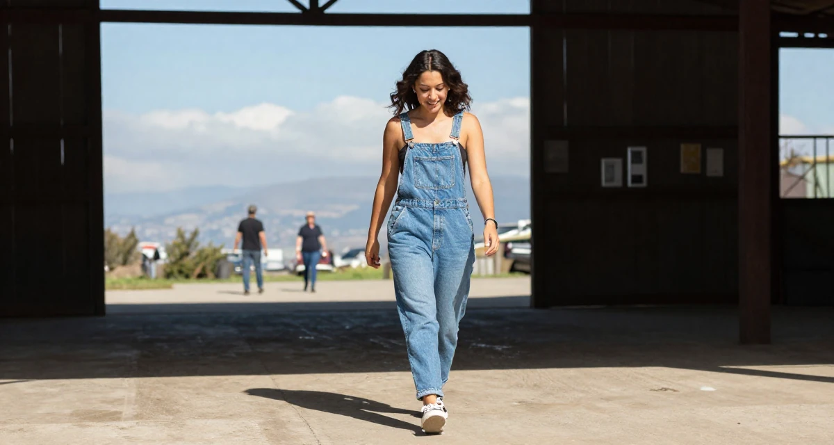 A pleased Female From Chile, based in Valparaíso, graduated from a local institute majoring in multimedia journalism in their 38, investing in real estate and passive income, wearing a relaxed dungarees or overalls, looking down at shoes in a barn interior.