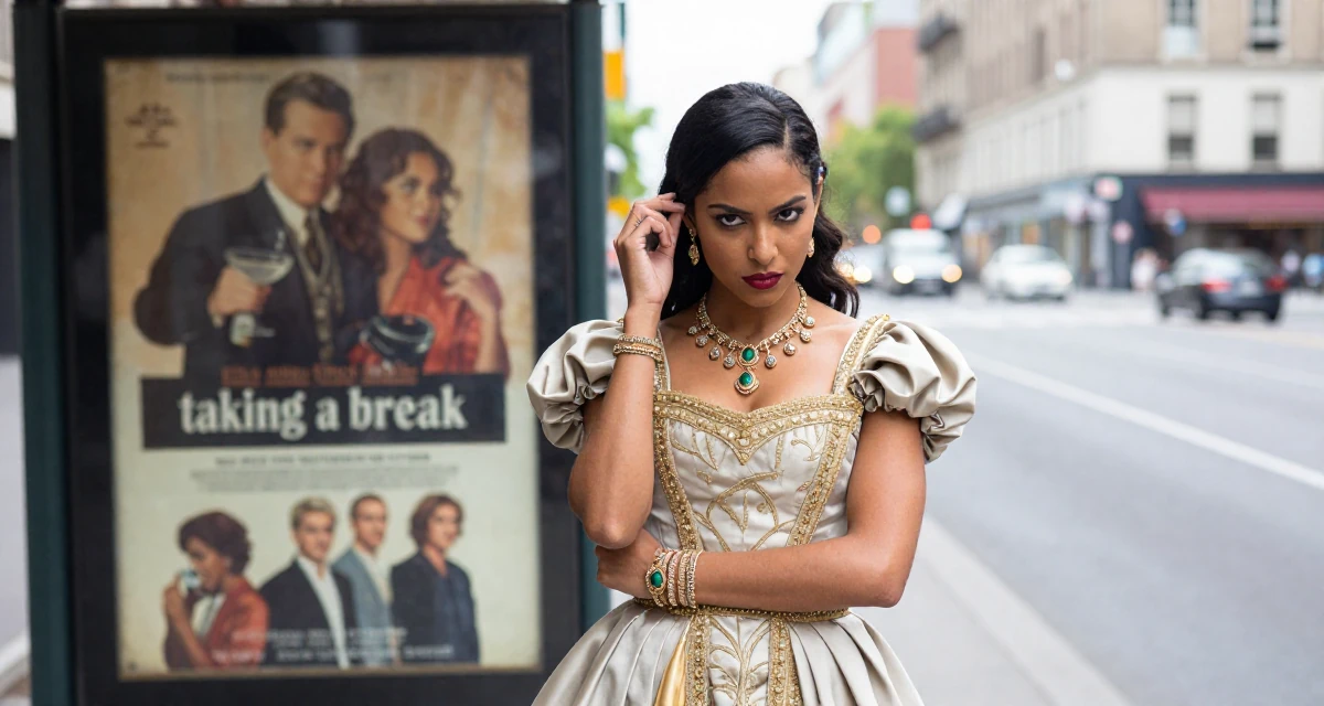 A arrogant Female Once a digital-marketing intern, now running her own creator brand in their 29, managing emotional burnout disguised as “taking a break”, wearing a regal empress gown with heavy silk and jewelry, adjusting a hairpin in a bus stop.