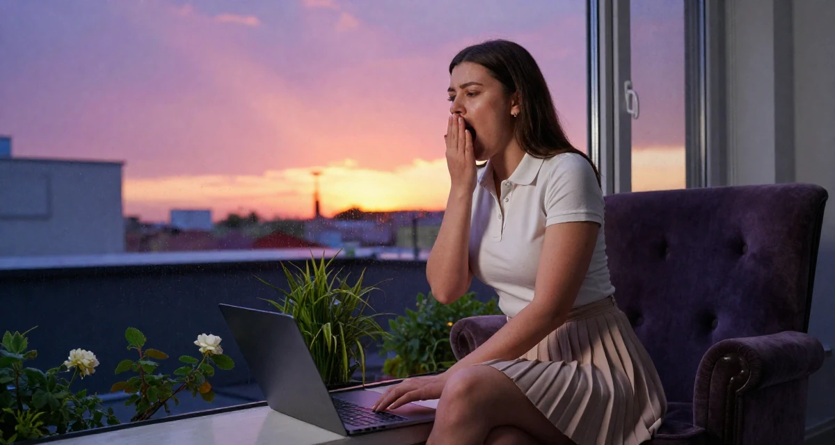 A observant Female From Turkmenistan, studied industrial technology in their 25, exploring creativity online, wearing a short pleated skirt and a tight polo shirt, stifling a yawn in a rooftop garden.