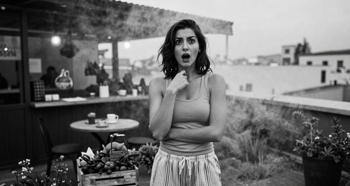 A empowered Female From Greece, based in Athens, graduated from a design academy majoring in romantic-themed media in their 22, shocked by the cost of rent and groceries, wearing a fitted racerback tank and pajama shorts, adjusting a collar in a rooftop garden.