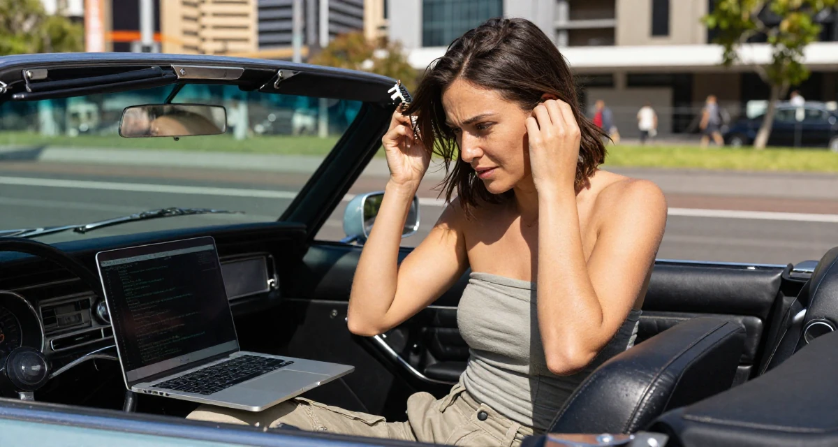 A vulnerable Female From Sydney Australia, holds a degree in environmental science in their 53, dealing with declining energy levels, wearing a strapless tube top and cargo pants, brushing hair away from the face in a vintage convertible car.
