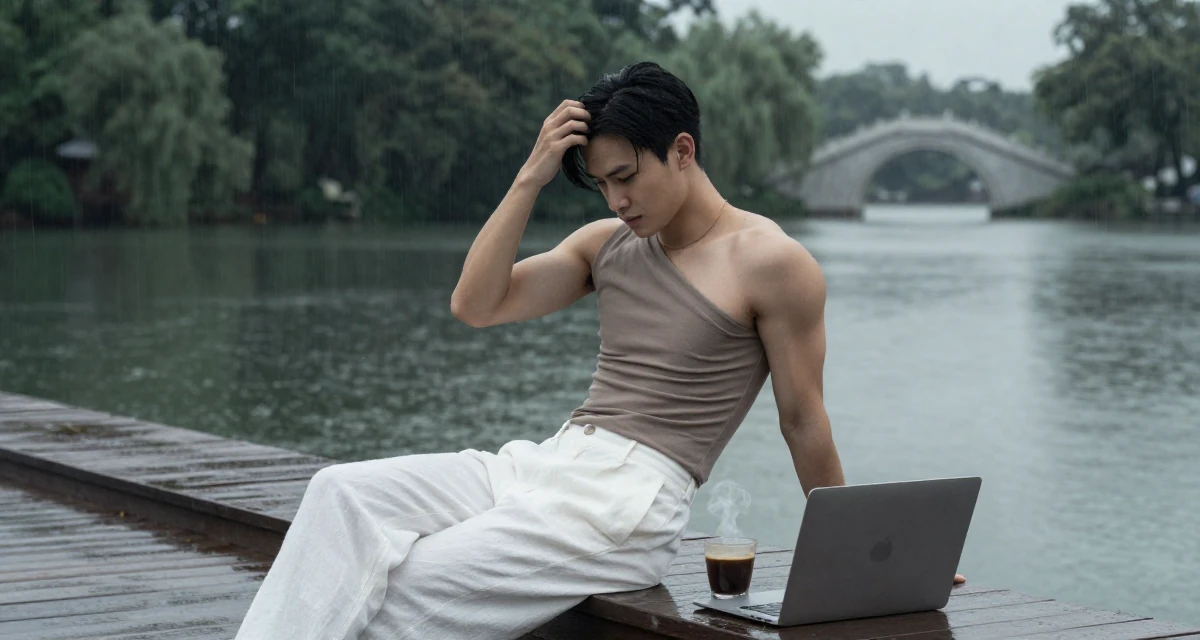 A relaxed male Raised in Vietnam, studied digital illustration in their 22, experimenting with online creative platforms, wearing a one-shoulder fitted top and white linen trousers, pushing hair from face in a serene lakeside dock.