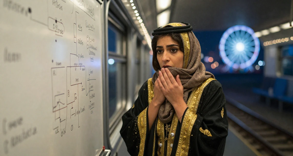 A alert and attentive Female From Arabic-speaking world, studied international logistics in their 22, facing uncertainty about future stability, wearing a high-fantasy sorceress robe with gold embroidery, shivering slightly in a train carriage.