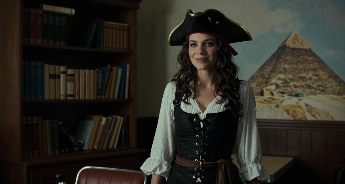 A subtly confident Female From Ukraine, studied software engineering in their 23, regretting creative decisions but needing to post anyway, wearing a pirate captain outfit with a corset and tricorn hat, laughing softly in a retro 50s diner.