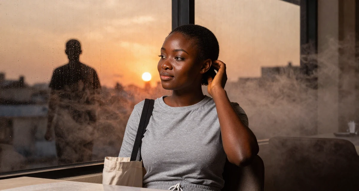 A peaceful Female From Ivory Coast, studied music production in their 34, seeking spiritual or philosophical growth, wearing a grey tones casual wear, carrying a tote bag in a high-end restaurant.