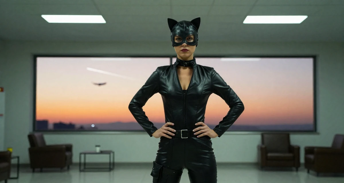 A zoned out Female From Turkey, has a degree in tourism management in their 24, feeling a quarter-life crisis approaching, wearing a tight leather cat burglar suit with a utility belt, holding a cup of coffee in a cinema lobby.