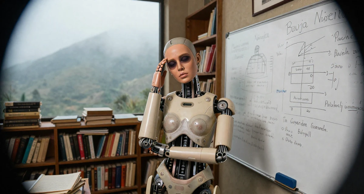 A assertive Female From Abuja Nigeria, studied public administration in their 30, feeling pride and fatigue in equal measure, wearing a cybernetic doll outfit with porcelain-like skin textures, shading eyes with a hand in a vintage bookstore.