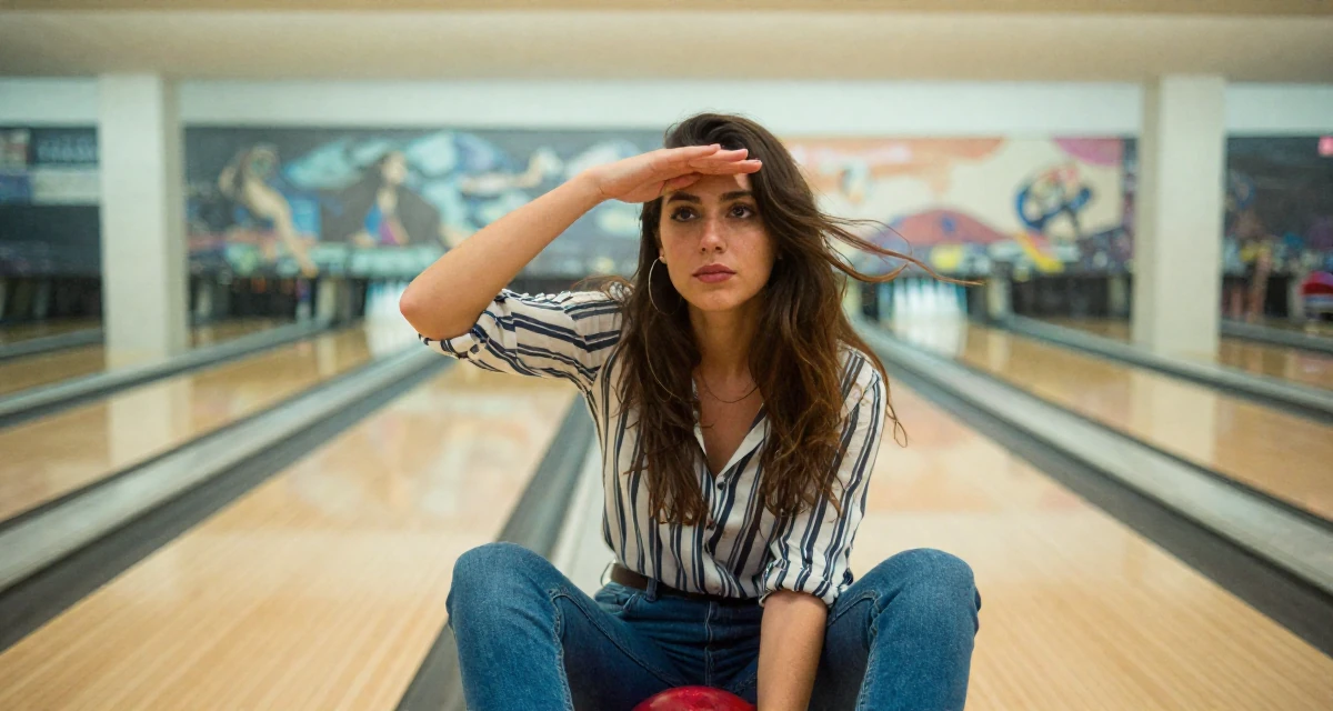 A relaxed and observant Female From Turkey, based in Antalya, graduated from a film school majoring in mood-driven visual expression in their 31, exploring advanced investment strategies, wearing a classic striped shirt and jeans, shielding face from the wind in a bowling alley.