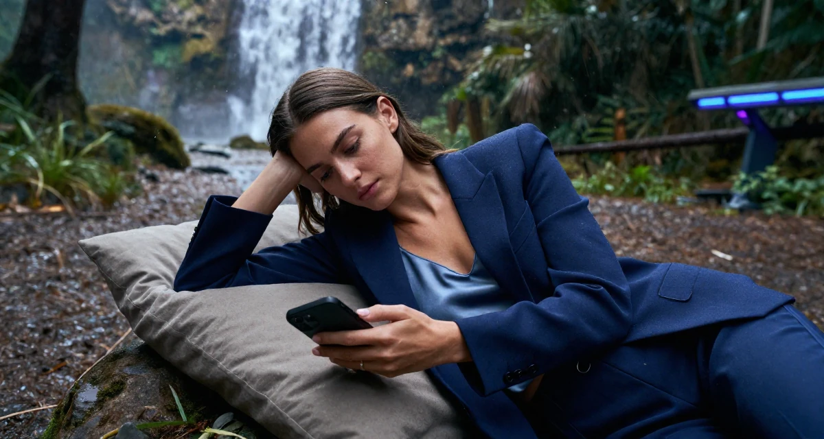 A peaceful Female Former sales rep, now leveraging charisma for digital storytelling in their 23, learning to rebuild after severe drops in engagement, wearing a crisp navy blue blazer over a silk camisole and trousers, checking a notification on a phone in a forest path.