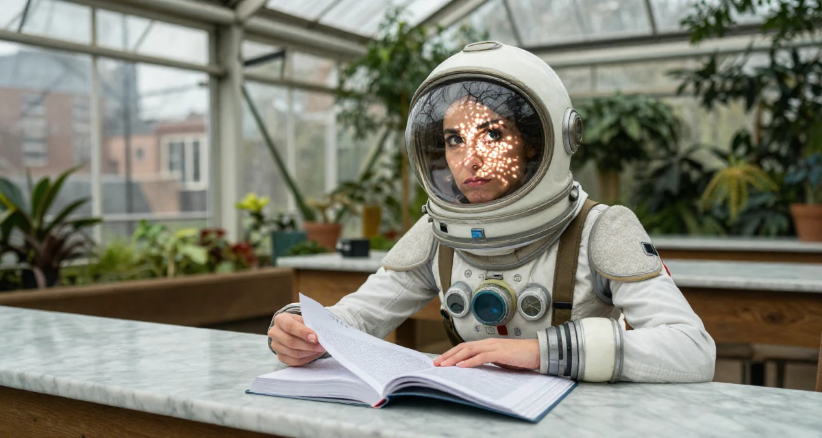 A cheeky Female From Ireland, studied creative writing in their 25, setting long-term goals for subscriptions and renewals, wearing a retro sci-fi space girl outfit with a bubble helmet, turning a page in a greenhouse interior.