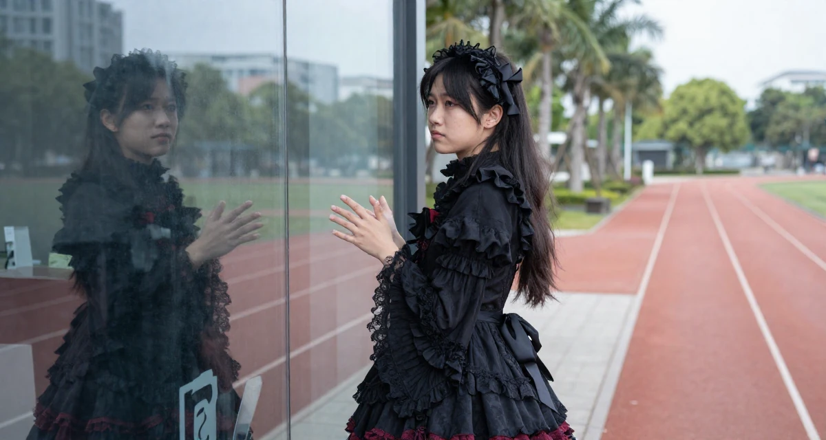 A cynical male Once a makeup counter employee, now teaching glam techniques to fans in their 25, questioning long-term direction, wearing a elaborate gothic lolita dress with frills and lace, gesturing while talking in a running track.