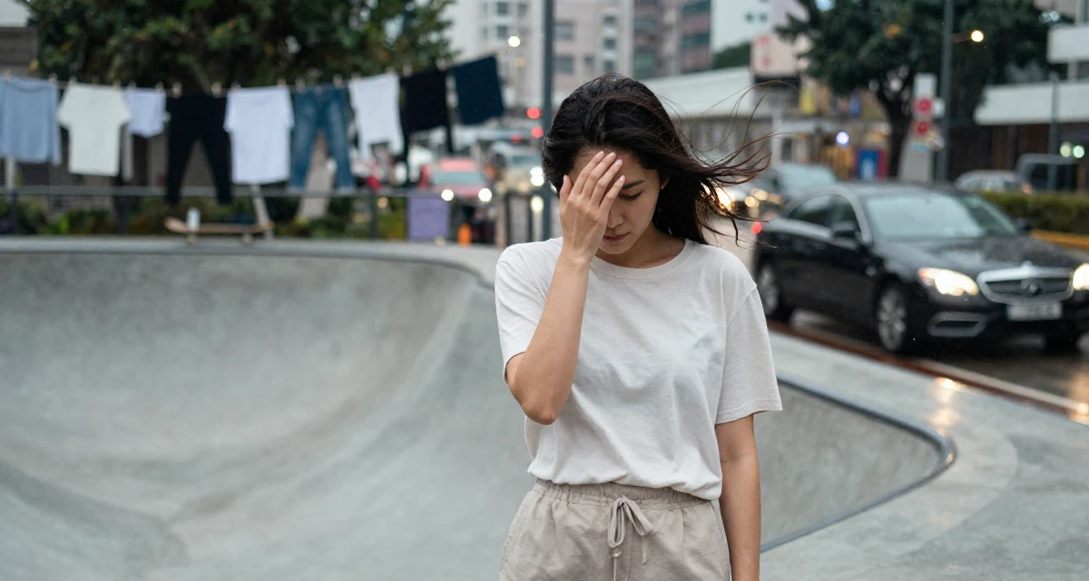 A sentimental Female From Hong Kong, studied digital media arts in their 22, confronting self-doubt in early career roles, wearing a clean, neutral-toned casual outfit, shielding face from the wind in a skate park.