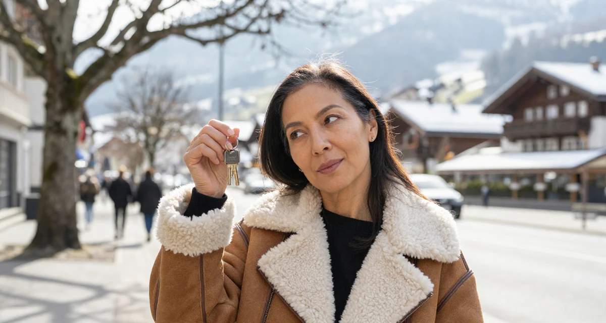 A confident Female From Singapore, studied business analytics in their 44, sharing high-end skincare routines for aging, wearing a warm shearling jacket, holding a set of keys in a bustling city street.
