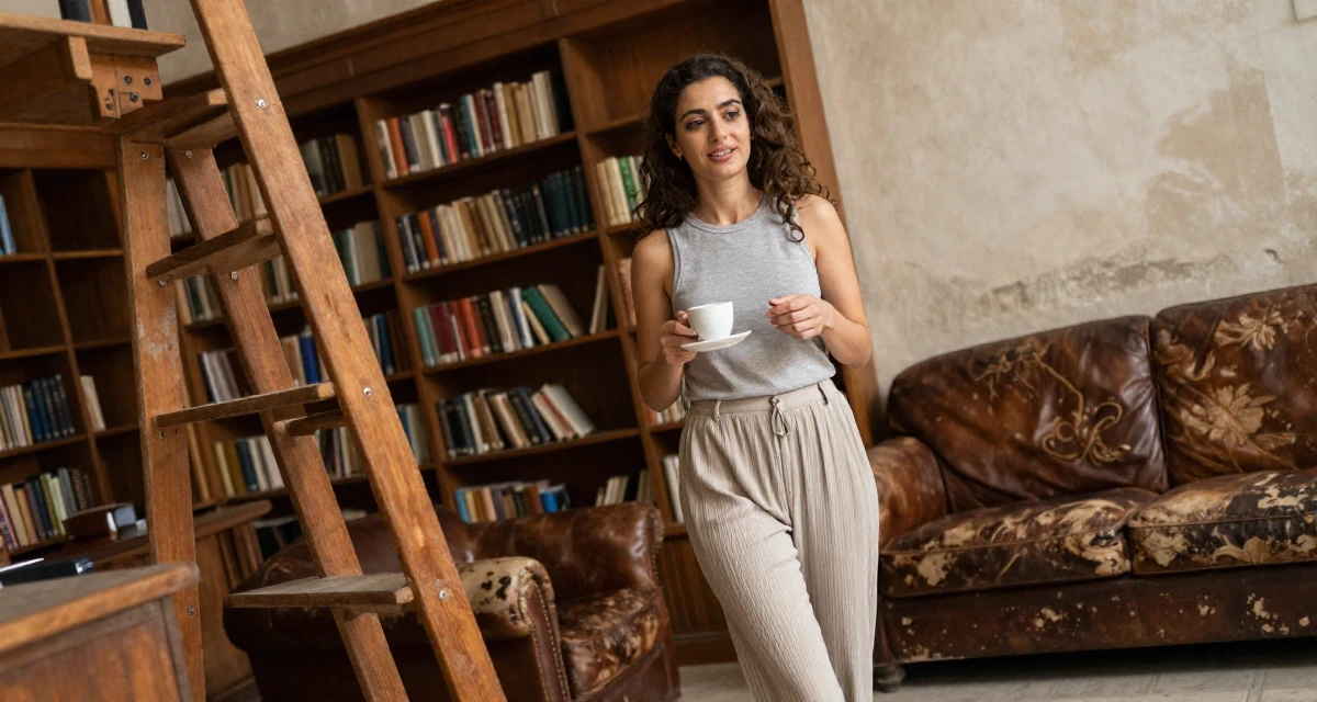 A friendly Female From Alexandria Egypt, majored in applied arts in their 31, enjoying the fruits of labor from the 20s, wearing a relaxed fit pleated trousers, holding a cup of coffee in a old library with wooden ladders.
