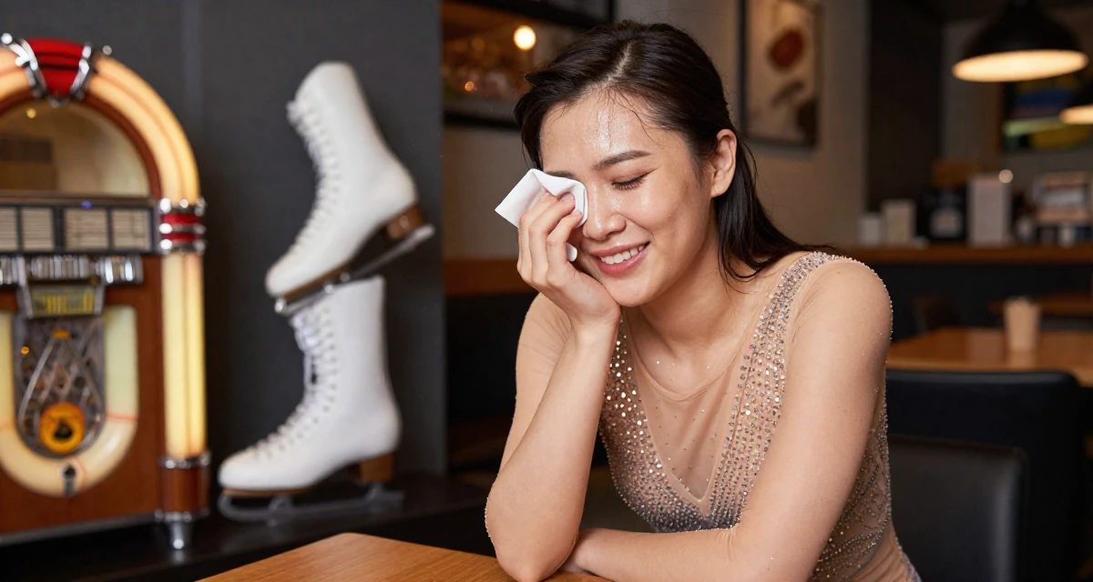 A pleased Female From Chicago USA, practiced nightlife photography storytelling in their 31, feeling the biological clock or societal pressure, wearing a ice skater sparkly dress with sheer sleeves, wiping sweat from the brow in a cozy café.