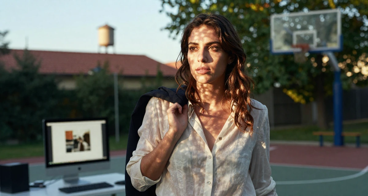 A focused and sharp Female Born in Greece, majored in content creation & storytelling in their 25, discovering early creative passions, wearing a lightweight chiffon blouse slightly unbuttoned, holding a jacket over a shoulder in a basketball court.