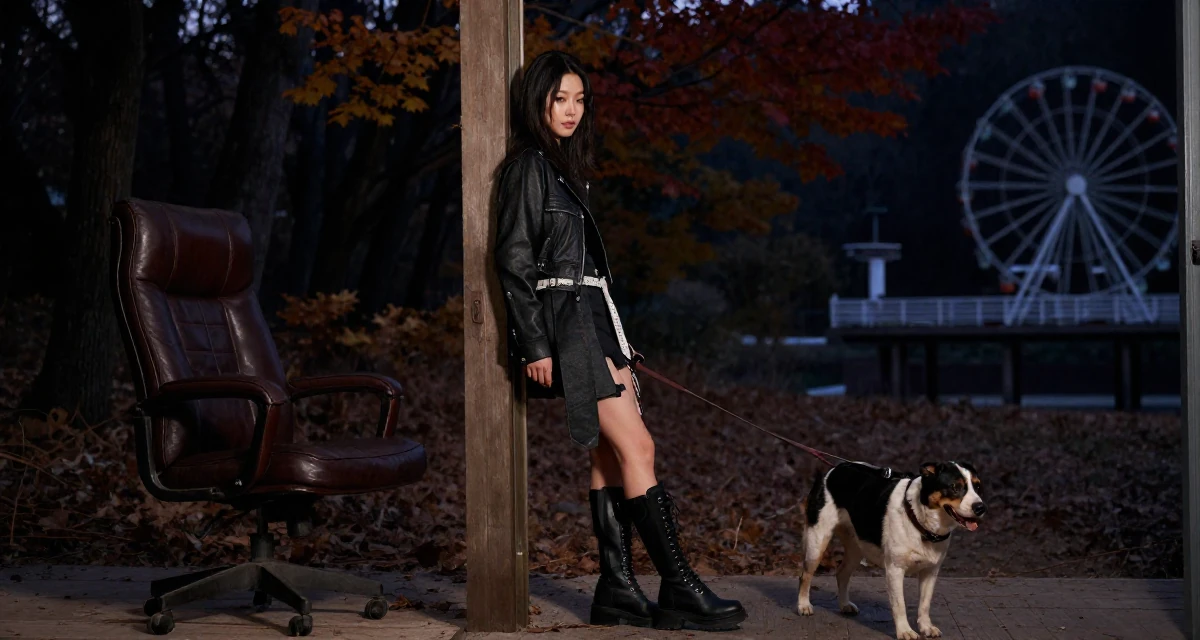 A mellow Female From Seoul South Korea, studied K-style beauty and content editing in their 25, shaping long-term career direction, wearing a edgy street style with boots, walking a dog (leash visible) in a autumn forest.