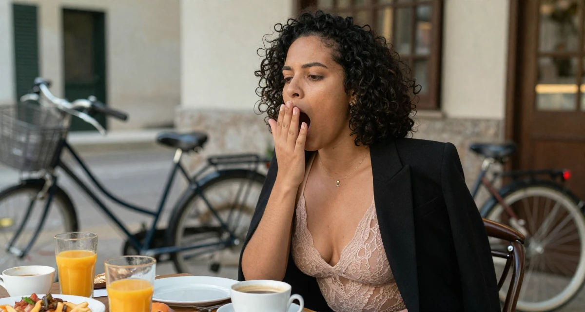 A curious and focused Female From Brazil, has a background in journalism in their 23, shifting from impulsiveness to intentional planning, wearing a sheer lace bodysuit worn under a blazer, yawning discreetly in a breakfast nook.