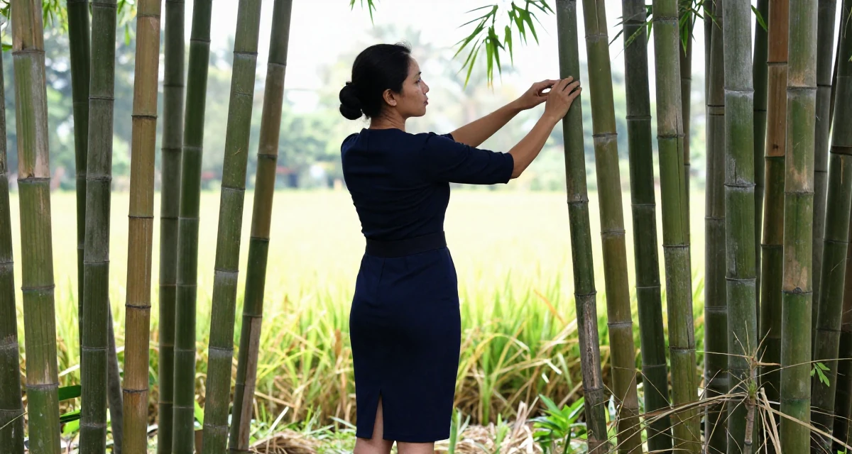 A intense Female From Jakarta Indonesia, majored in fashion merchandising in their 40, managing a family business with dedication, wearing a navy blue pencil skirt with a back slit, smoothing out clothes in a farm field.