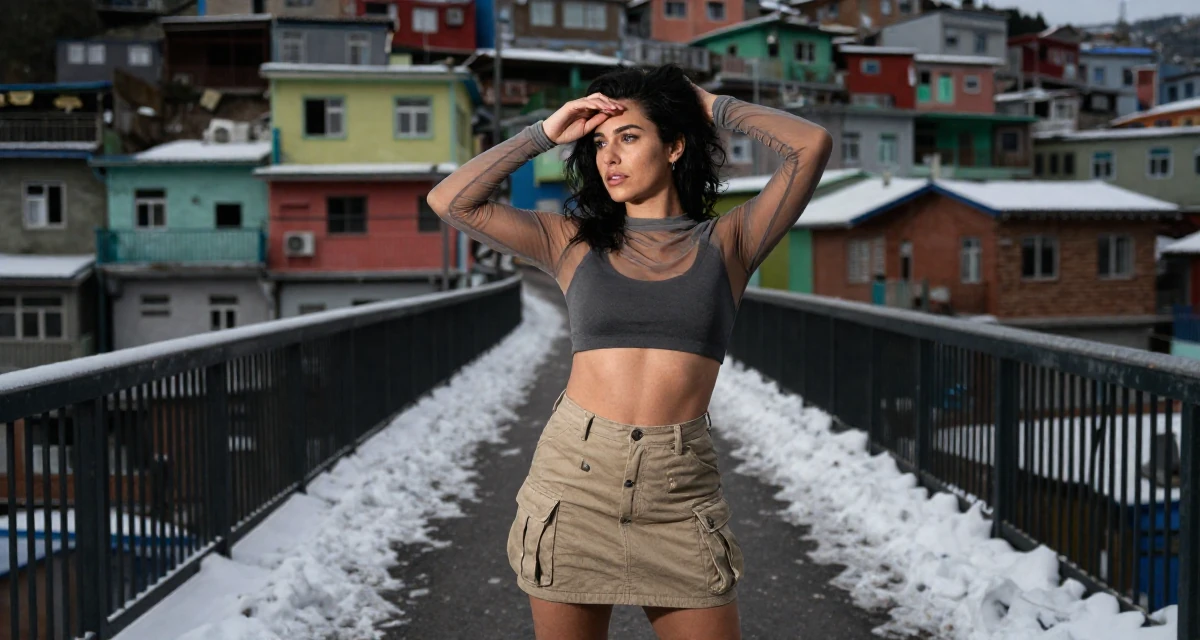 A hypnotic Female Once a logistics temp worker, now enjoying flexible creator life in their 26, exploring digital nomad life, wearing a layered mesh top and cargo mini skirt, resting a hand on the forehead in a bridge walkway.