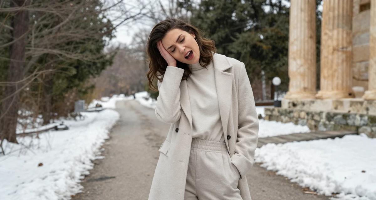 A enthusiastic Female From United States, studied French literature in their 20, stressing over finals and future uncertainty, wearing a clean, neutral-toned casual outfit, leaning head on a hand in a forest path.