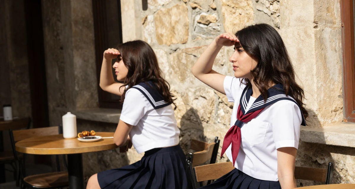 A patient Female From Turkey, majored in mechatronics in their 25, entering first serious friendships and relationships, wearing a Japanese school sailor uniform (seifuku) with a pleated skirt, shading eyes from the sun in a cozy café.