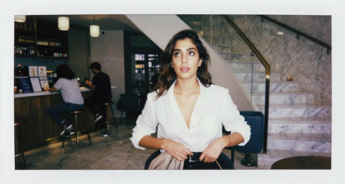 A reflective Female From Abu Dhabi UAE, studied finance and banking in their 21, full of rebellious spirit and curiosity, wearing a white shirt unbuttoned to the chest, putting on a jacket in a trendy coffee shop.