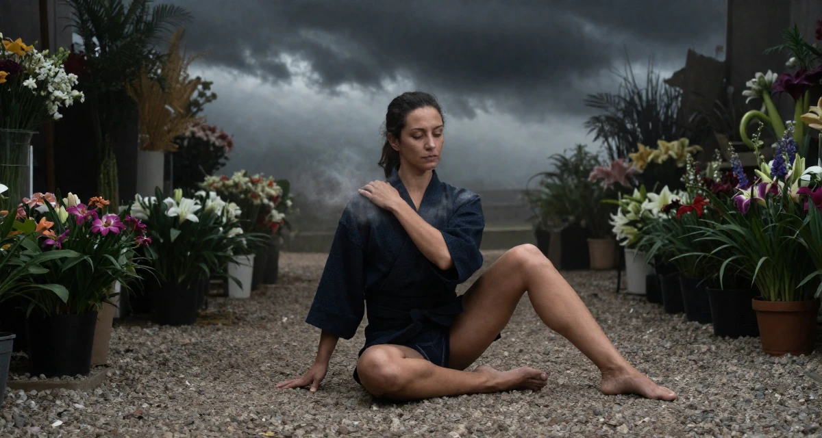 A solemn but kind Female From Buenos Aires Argentina, holds a degree in dance studies in their 48, fitness instructor focused on mobility and strength, wearing a shrine maiden outfit with a short hakama skirt, dusting off the shoulder in a flower shop.