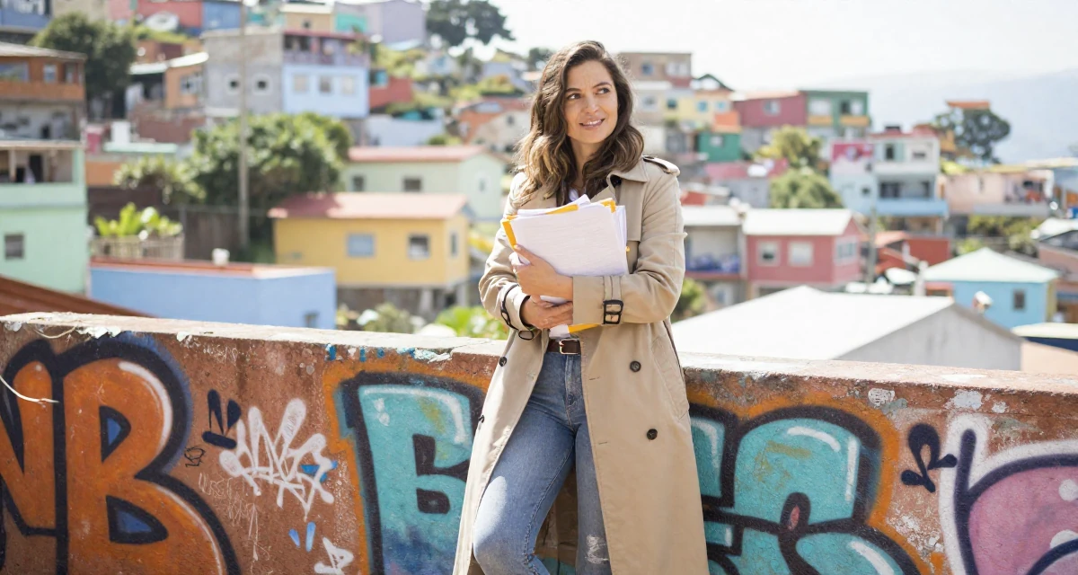 A witty Female From USA, studied psychology and human behavior in their 42, restarting career after burnout, wearing a stylish trench coat over basics, carrying a stack of documents in a sunny patio.