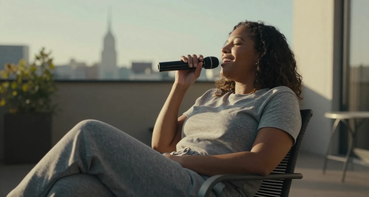 A optimistic Female Once a logistics coordinator, now creating body-positivity material in their 25, strengthening personal boundaries and priorities, wearing a grey tones casual wear, humming a tune visually in a sunny patio.