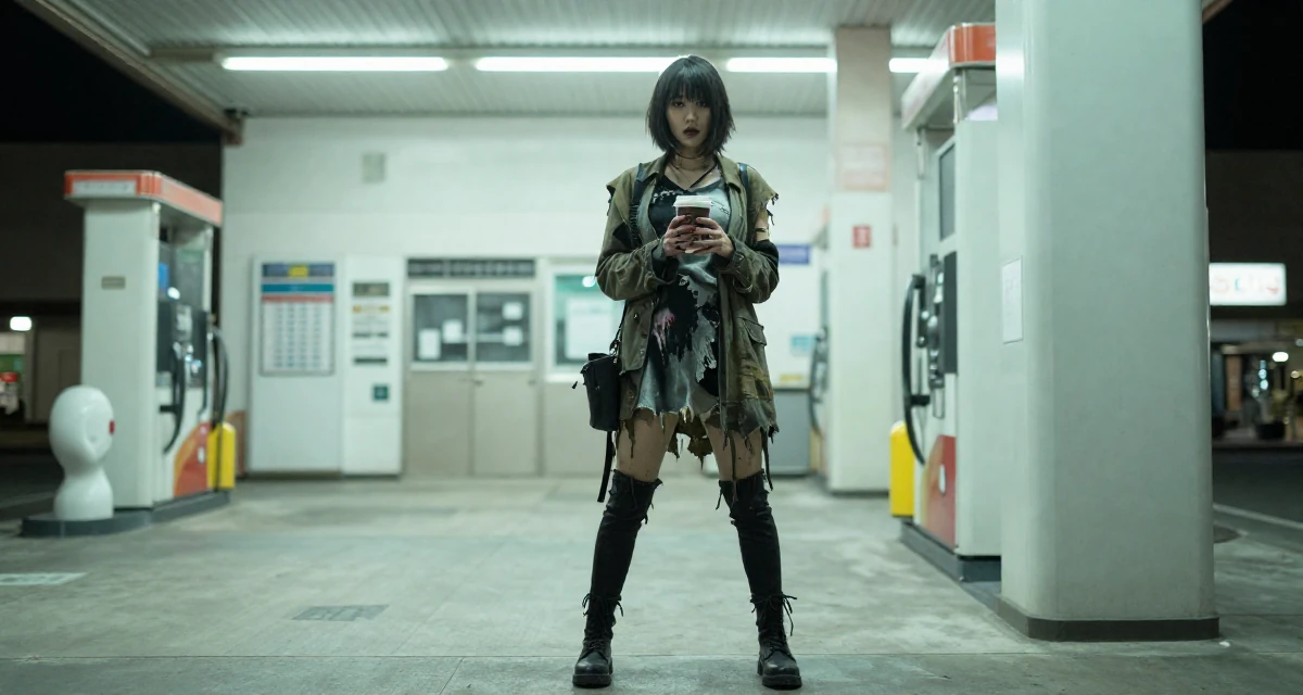 A alluring Female From Japan, majored in information systems in their 25, realizing 25 is still incredibly young, wearing a zombie apocalypse survivor gear with torn clothes, holding a coffee cup with both hands in a gas station at night.
