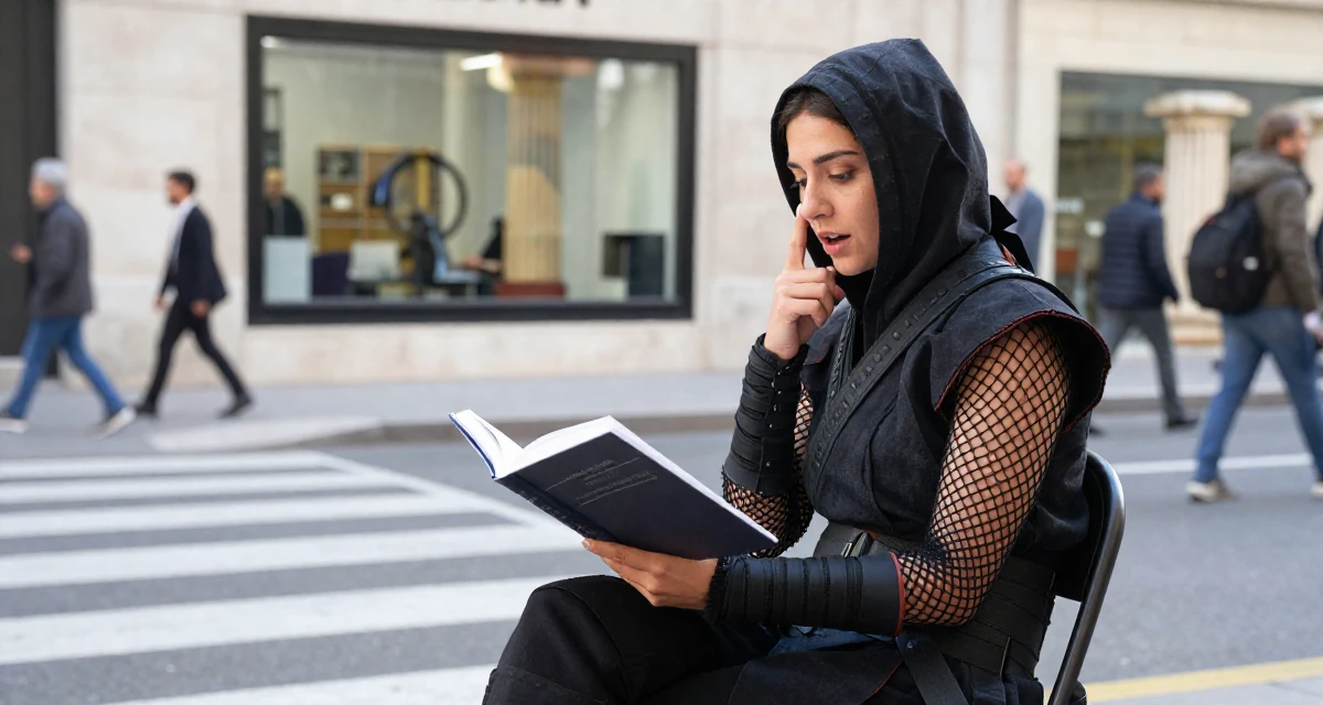A eager Female From Israel, has a background in tech startups in their 25, questioning long-term direction, wearing a ninja kunoichi outfit with fishnet details, opening a book in a busy crosswalk.