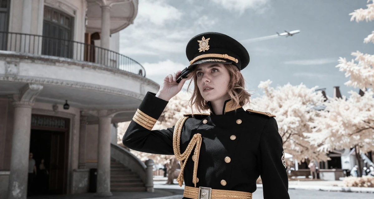A curious Female From Argentina, studied digital marketing in their 26, dealing with younger competition while finding identity, wearing a military general uniform with gold braiding and a hat, brushing hair away from the face in a cinema entrance.
