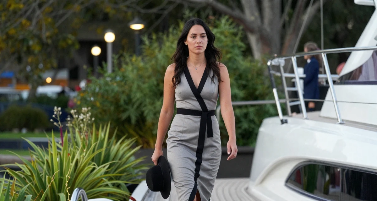 A calm and confident Female From Melbourne Australia, studied creative directing for social content in their 22, mourning the loss of the university community, wearing a sophisticated midi dress, holding a hat in a yacht deck.