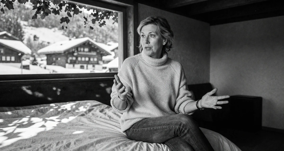 A determined Female Former Uber driver, now building slow-burn lifestyle storytelling in their 40, defying stereotypes of aging women, wearing a oversized beige sweater and jeans, gesturing while talking in a basement studio.