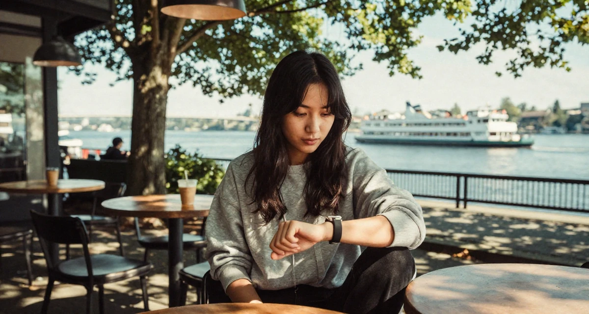 A innocent Female From the United States, based in Seattle, graduated from a community college majoring in digital marketing in their 22, adapting to the shift from school to full-time work, wearing a relaxed streetwear, glancing at a wristwatch in a coffee shop corner.