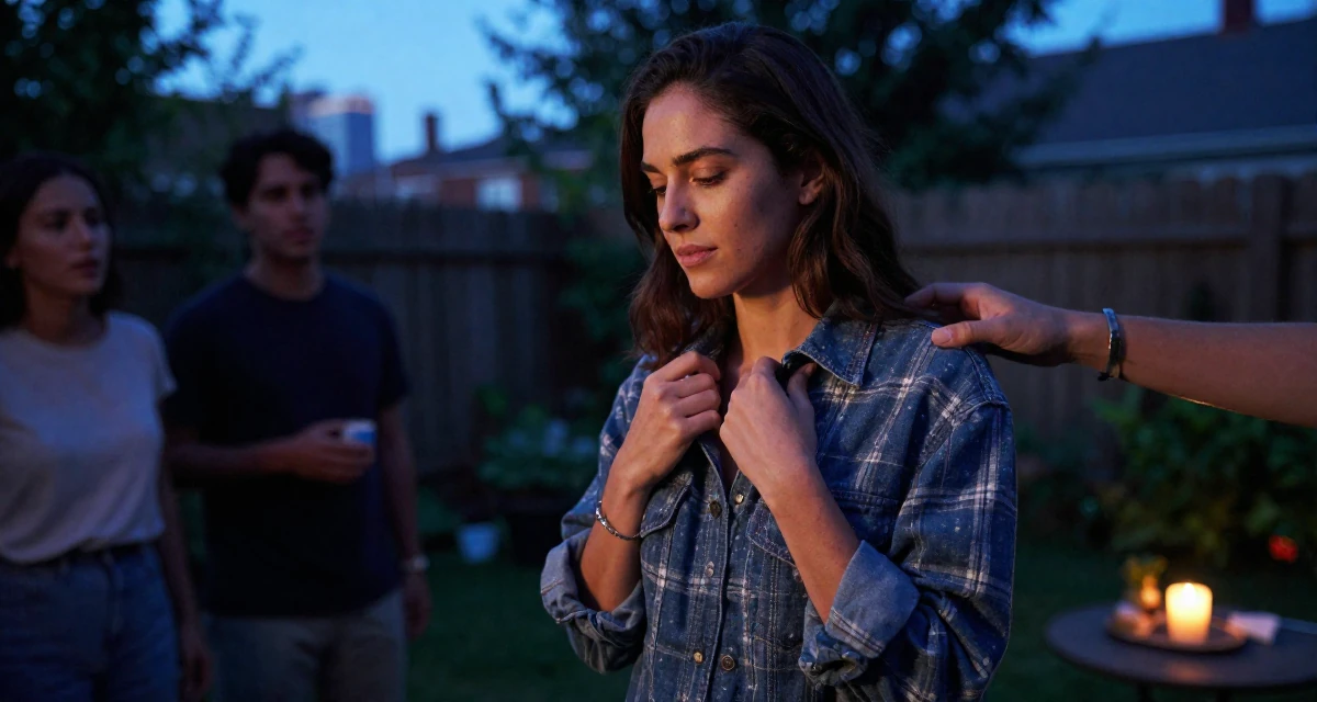 A quietly confident Female Once a university researcher, now creating slow-life intimate content in their 25, learning boundaries the hard way from pushy fans, wearing a rugged flannel shirt and denim, fixing a collar in a backyard garden.
