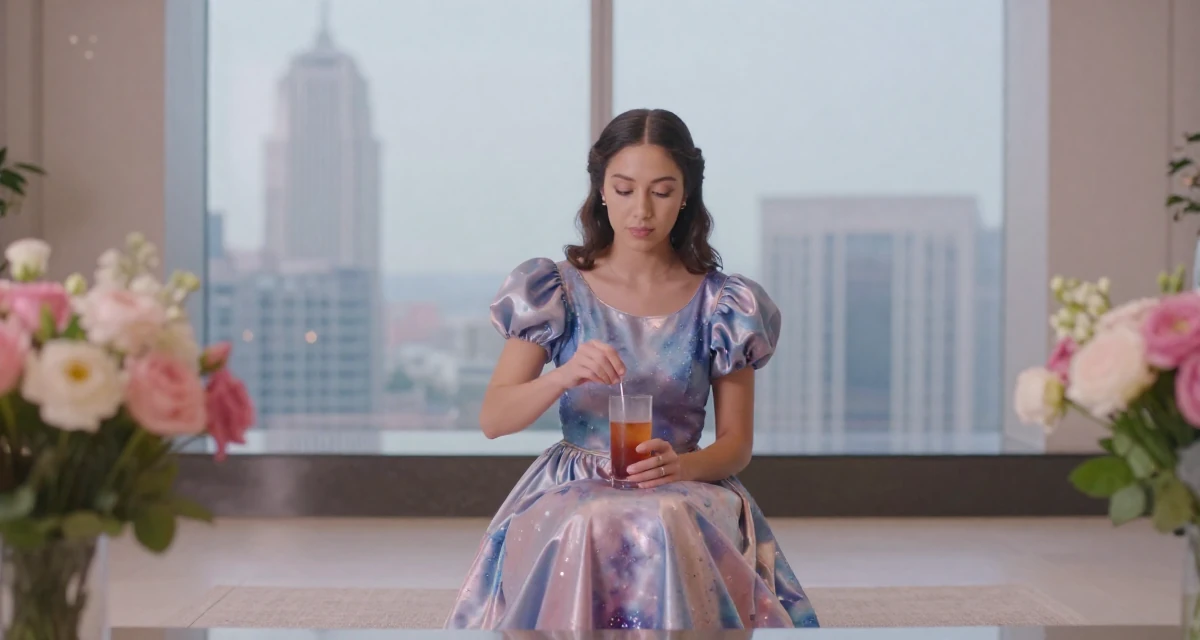 A calm Female Once a financial analyst, now creating emotionally raw premium content in their 34, taking care of pets and household, wearing a galactic princess gown with metallic fabrics, stirring a drink in a modern skyscraper lobby.