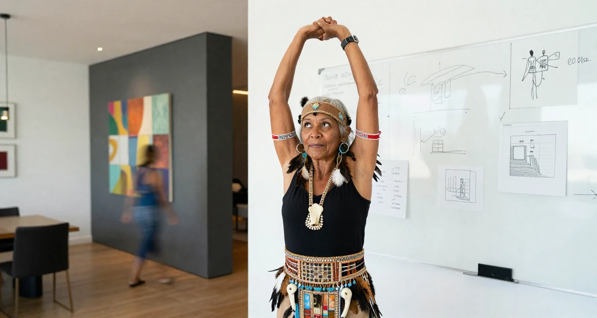 A whimsical Female From Cape Town South Africa, learned outdoor modeling and posing in their 33, navigating the complexity of senior leadership, wearing a tribal shaman outfit with feathers and bones, glancing at a wristwatch in a modern apartment.