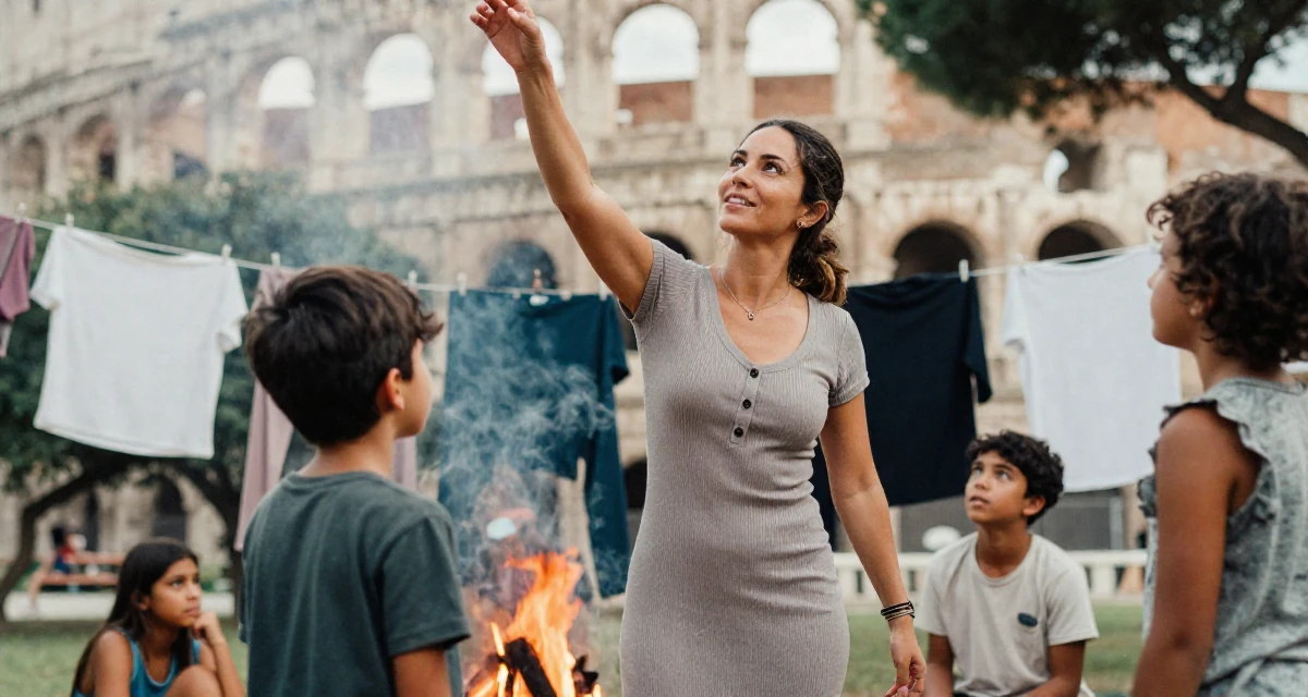 A positive Female Former aerobics instructor, now filming premium workout sessions in their 45, helping kids apply for college and empty nesting, wearing a ribbed cotton dress with buttons down the front, looking up at the sky in a campfire circle.