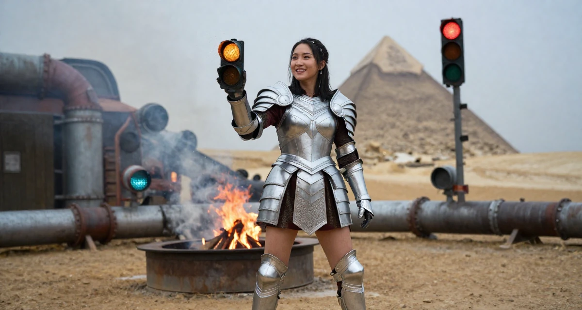 A warm and welcoming Female From Chinese-speaking regions, majored in marketing analytics in their 43, sharing organization hacks for busy moms, wearing a fantasy warrior princess armor made of silver metal, waiting for a light to change in a campfire circle.